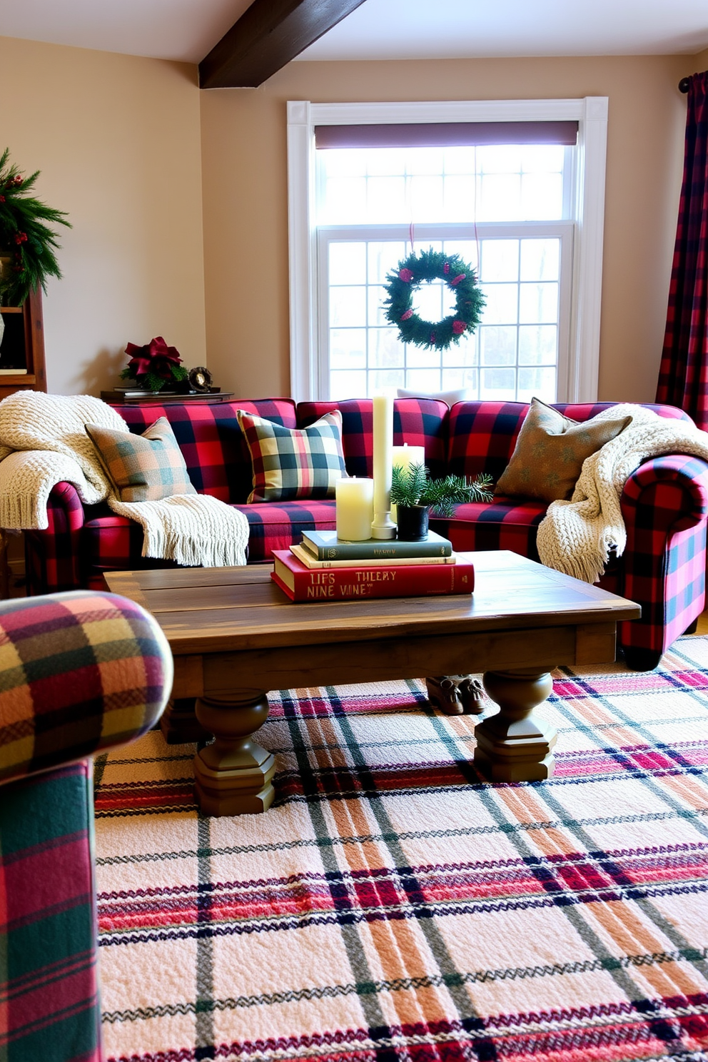 A cozy winter living room adorned with plaid patterns. The furniture features a large plaid sofa in shades of red and green, complemented by a chunky knit throw blanket draped over the arm. A rustic wooden coffee table sits at the center, topped with a stack of holiday-themed books and a decorative candle arrangement. The walls are painted in a warm beige tone, and a classic plaid area rug anchors the space, adding warmth and texture.