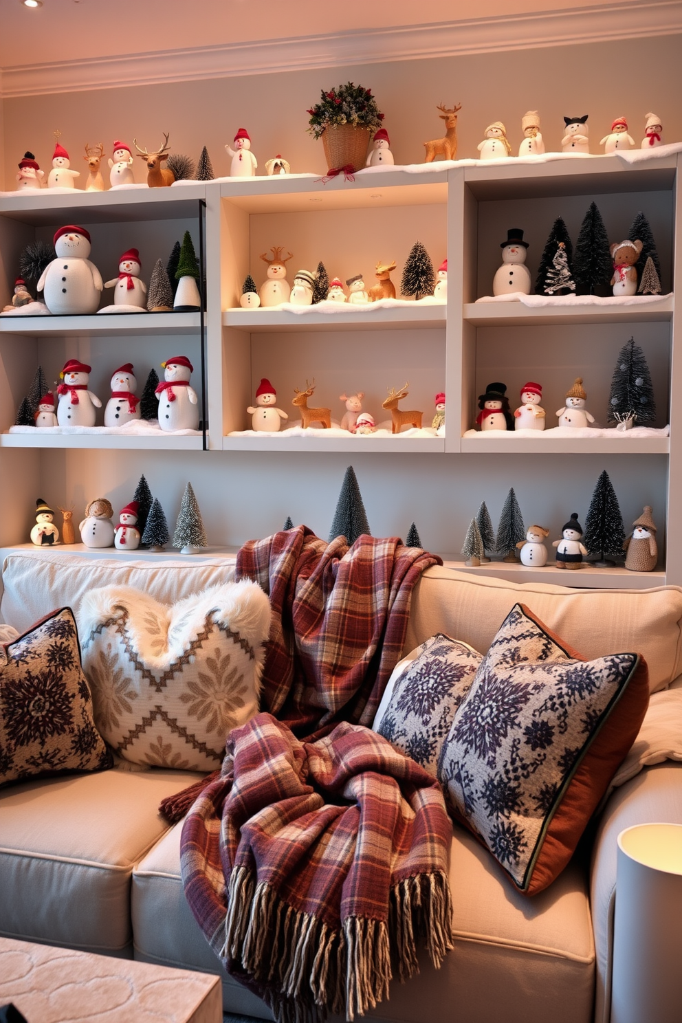 A cozy winter living room adorned with whimsical figurines on the shelves. The shelves are filled with an array of charming snowmen, reindeer, and festive trees, creating a playful and inviting atmosphere. Soft, warm lighting illuminates the room, highlighting the figurines and creating a serene ambiance. Plush throws and decorative pillows in winter-themed patterns are arranged on the sofa, enhancing the seasonal charm.