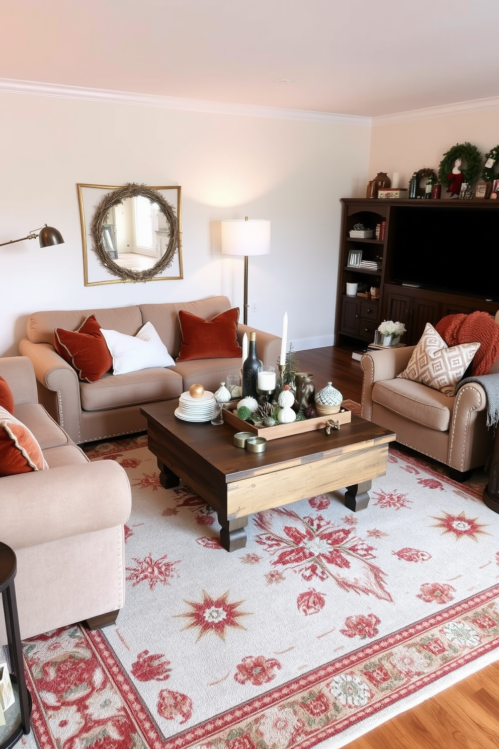 A cozy winter living room featuring warm copper and brass accents. Plush seating is arranged around a rustic wooden coffee table, adorned with a collection of seasonal decor items. The walls are painted in a soft cream color, creating a bright and inviting atmosphere. A large area rug with intricate patterns anchors the space, while a stylish floor lamp provides soft lighting for the evenings.