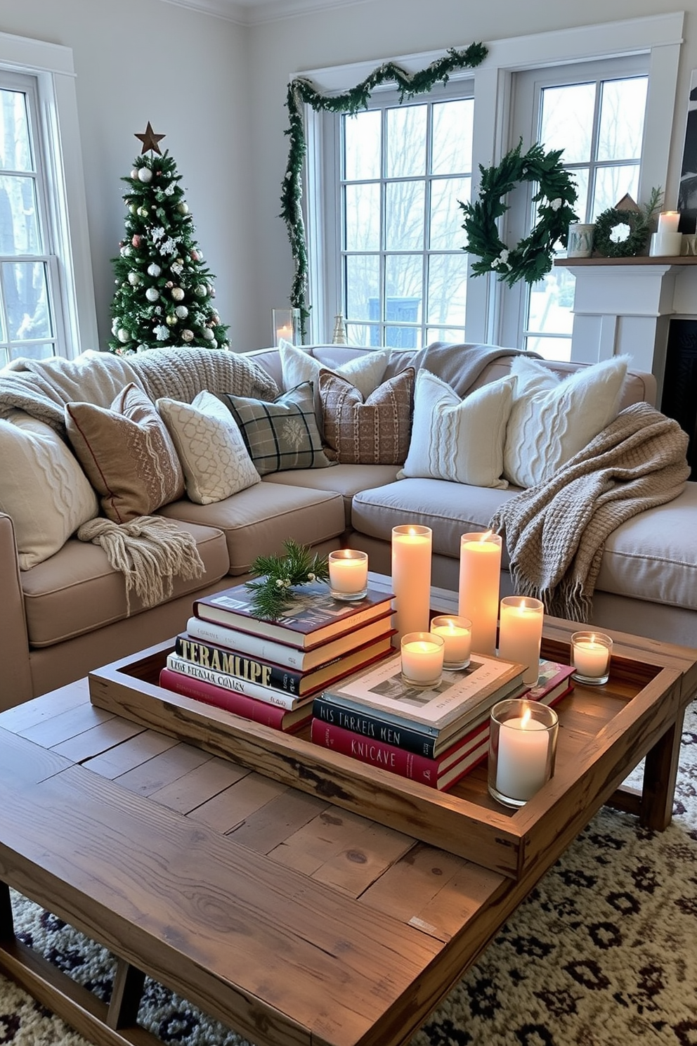 A cozy winter living room features vintage sleds and skis creatively displayed as decor. The sleds are propped against a rustic wooden wall, while the skis are mounted above the fireplace, adding a nostalgic touch to the space.