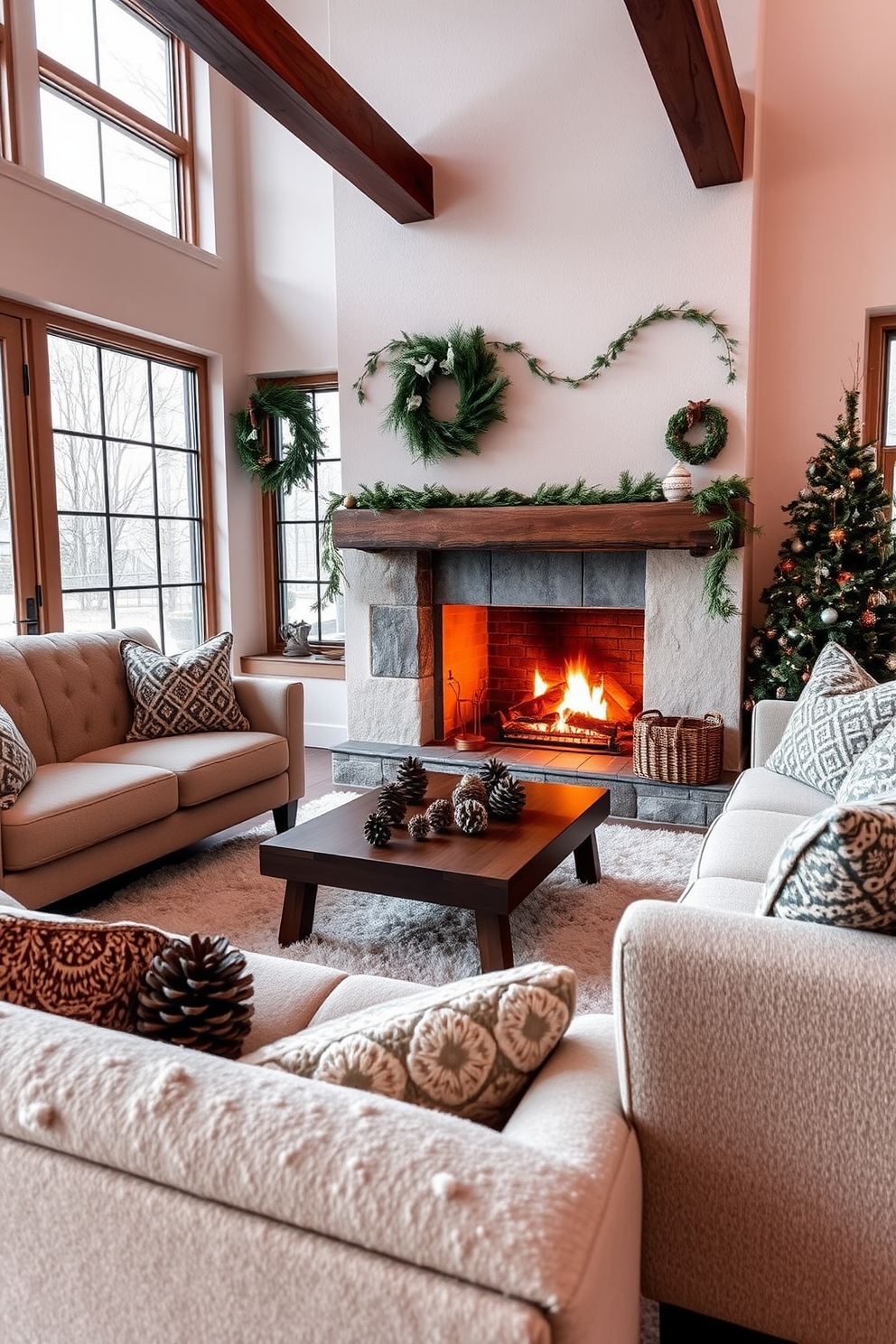 A cozy winter living room setting featuring a warm fireplace with a rustic wooden mantel. Plush seating is arranged around a soft area rug, with natural pinecones scattered decoratively across the coffee table and mantel. The walls are adorned with soft neutral tones, complemented by festive seasonal decor. Large windows allow natural light to flood the space, enhancing the inviting atmosphere of the room.