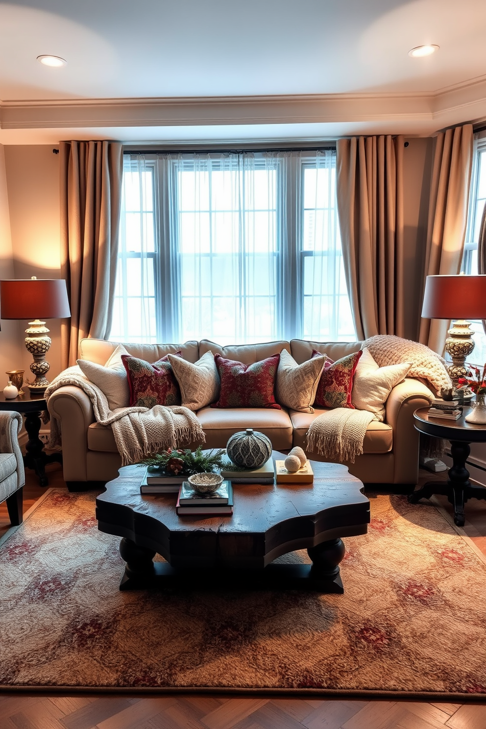 A cozy winter living room adorned with soft lighting from elegant table lamps. The space features a plush sectional sofa draped with warm blankets and surrounded by a mix of textured throw pillows. A rustic coffee table sits at the center, topped with seasonal decorations and a stack of books. Large windows dressed in sheer curtains allow natural light to filter in, enhancing the inviting atmosphere.