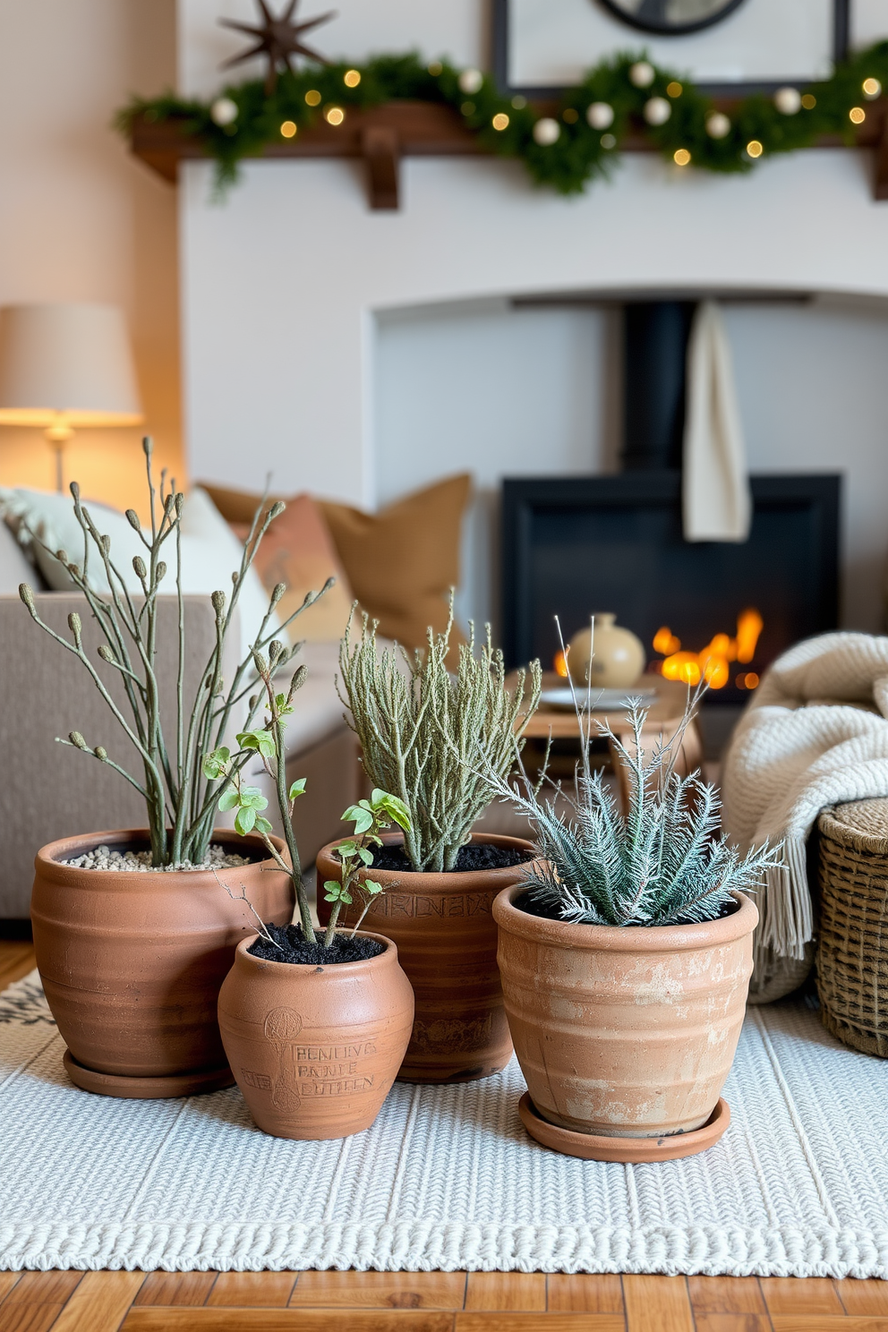 A cozy winter living room featuring earthy clay pots filled with various winter plants. The space is adorned with soft textiles and warm lighting, creating an inviting atmosphere.