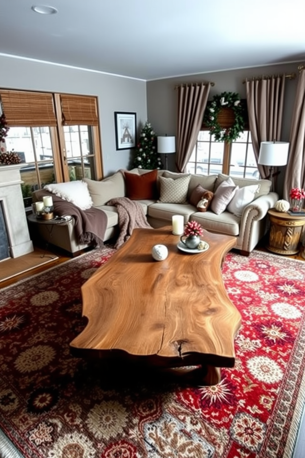 A cozy winter living room adorned with layered rugs that create depth and warmth. The base rug is a large neutral-toned piece, topped with a smaller, vibrant patterned rug that adds a pop of color. The space features a plush sectional sofa draped with soft throws and accented by oversized cushions. A rustic wooden coffee table sits at the center, surrounded by elegant decor and seasonal accents.