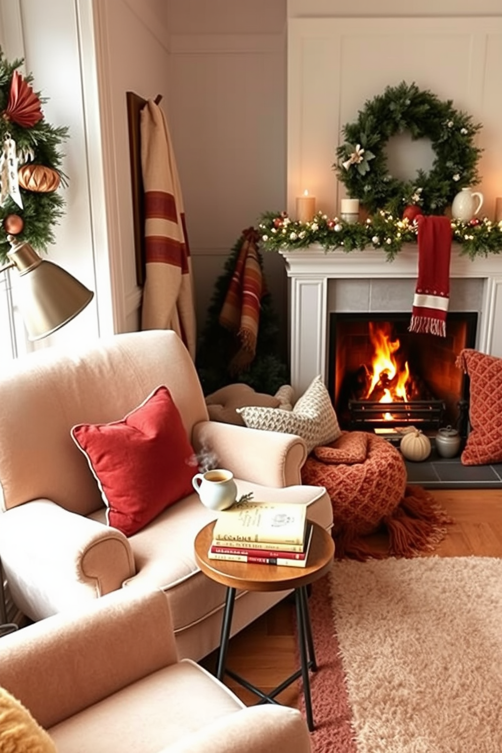 A cozy reading nook features a plush armchair upholstered in soft, warm fabric. A small side table holds a steaming cup of tea and a stack of well-loved books, while a floor lamp casts a gentle glow over the space. The winter living room is adorned with seasonal decorations that evoke warmth and comfort. A crackling fireplace is the centerpiece, surrounded by cozy blankets and decorative pillows in rich, inviting colors.