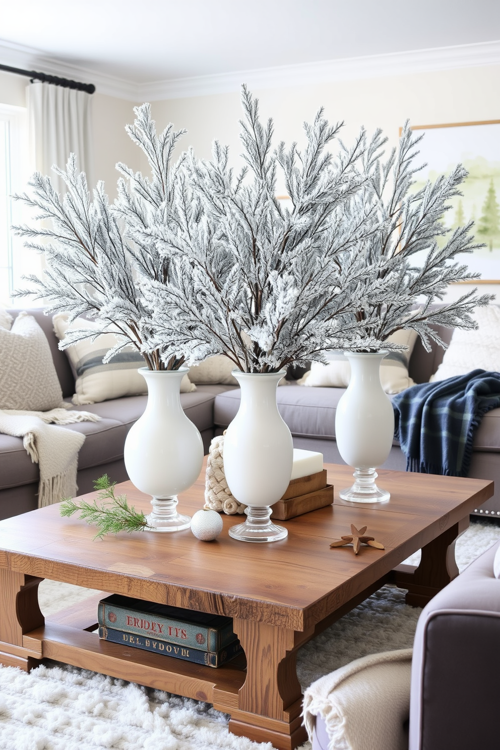 A cozy winter living room setting adorned with flocked evergreen branches in elegant vases. The vases are strategically placed on a rustic wooden coffee table, surrounded by plush blankets and seasonal decor.