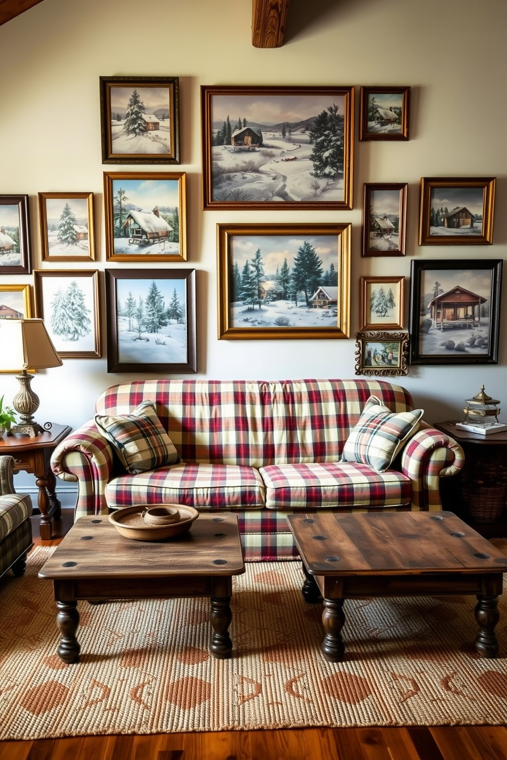 A cozy winter-themed living room adorned with vintage-inspired artwork. The walls are decorated with framed pieces showcasing snowy landscapes and rustic cabins, creating a warm and inviting atmosphere. A plush, oversized sofa covered in a soft plaid fabric sits in the center of the room. Surrounding it are antique wooden coffee tables and a handwoven area rug that adds texture and warmth to the space.