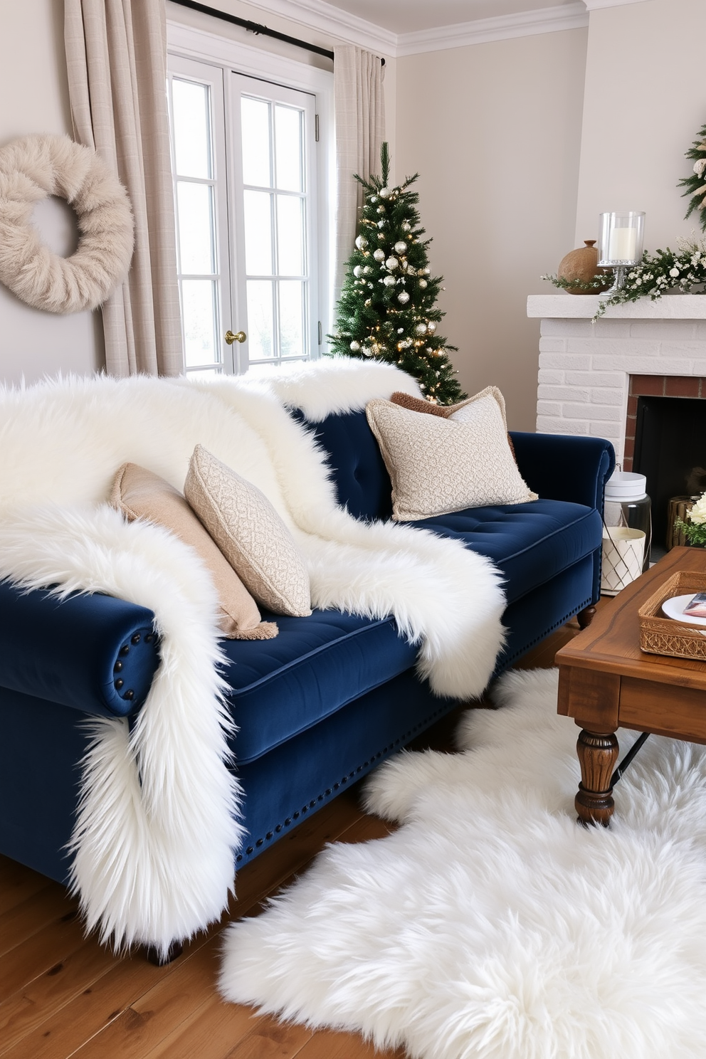 A cozy winter living room adorned with soft white faux fur accents. The plush white faux fur throw blankets drape elegantly over a deep blue velvet sofa, while a matching faux fur rug lies beneath a rustic wooden coffee table.