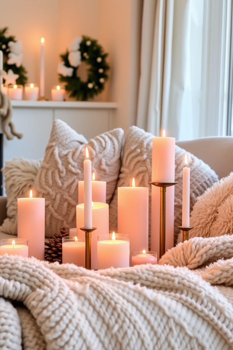 A cozy winter living room setting adorned with candles of varied heights and sizes. The flickering candlelight casts a warm glow across plush seating and soft, textured blankets.