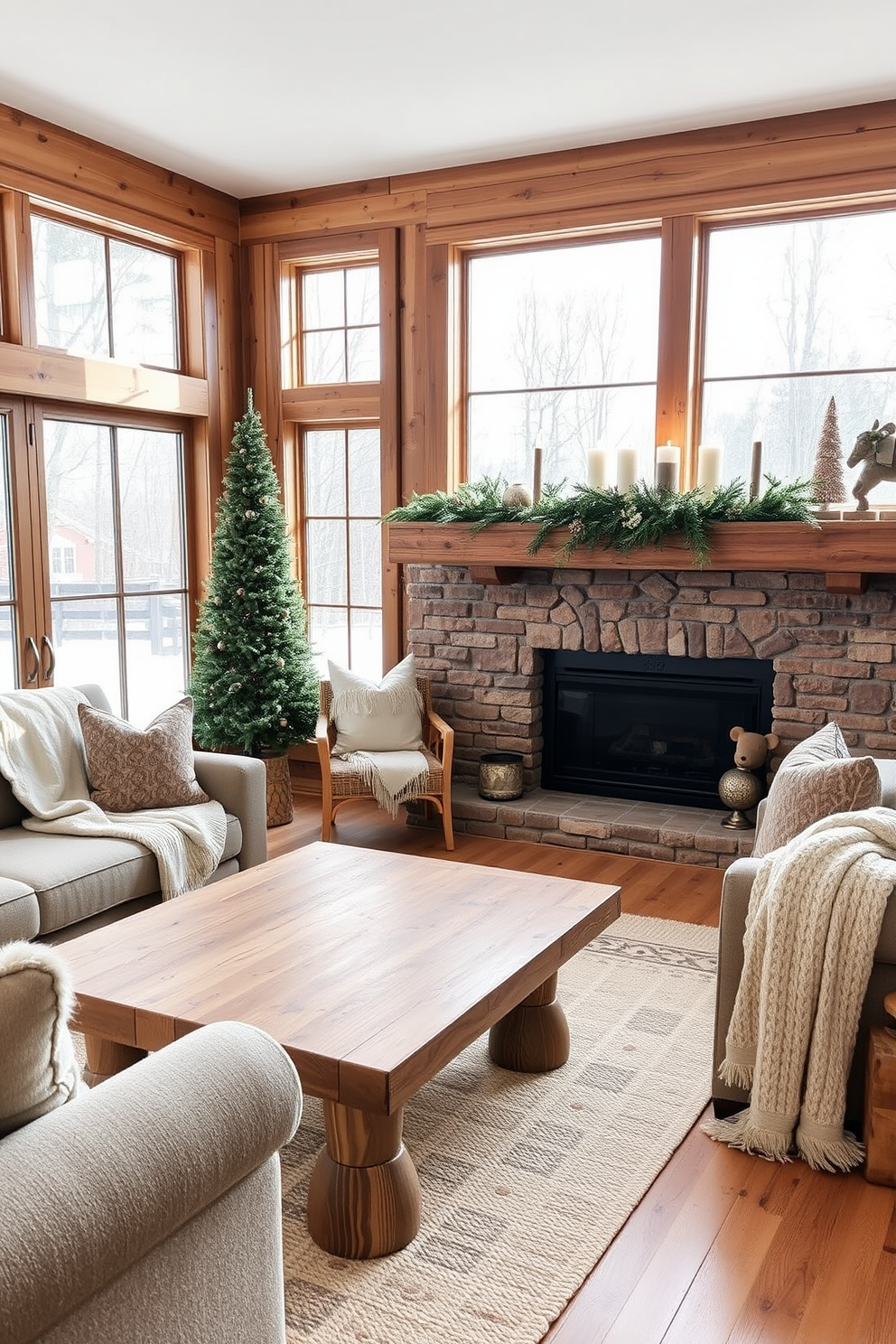 A cozy winter living room featuring natural wood elements that create a warm and inviting atmosphere. The space is adorned with a large wooden coffee table, complemented by a plush sofa and soft throw blankets in neutral tones. Large windows allow natural light to filter in, illuminating the room with a soft glow. A rustic wooden mantel is decorated with seasonal greenery and candles, enhancing the winter charm of the space.