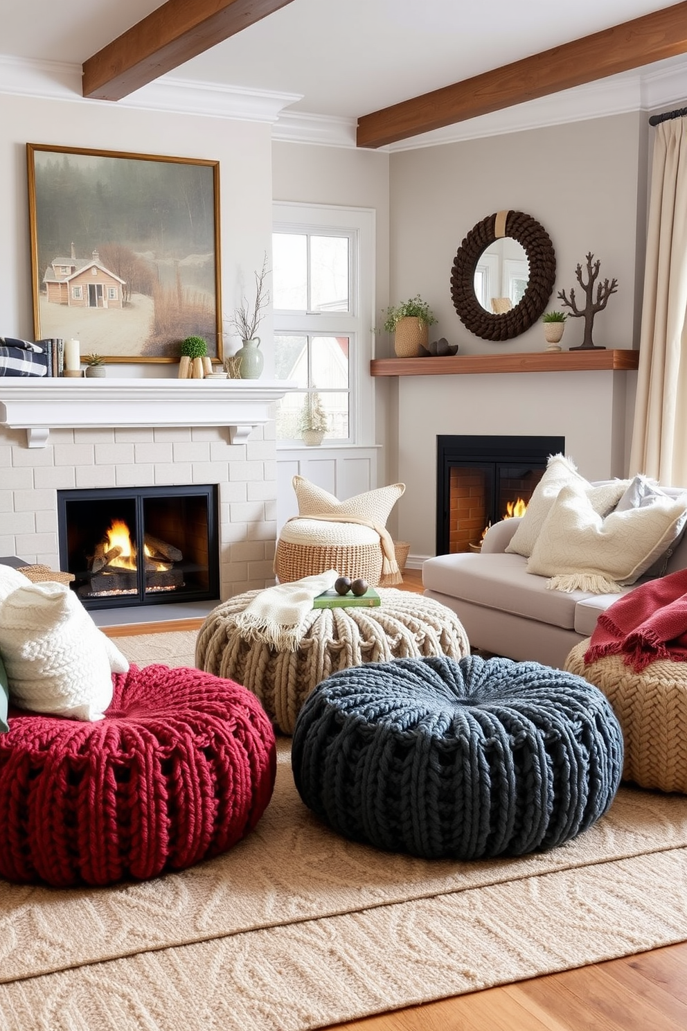 A cozy winter living room featuring chunky knit poufs arranged for seating. The room is adorned with a warm color palette, complemented by a crackling fireplace and soft, textured throws.