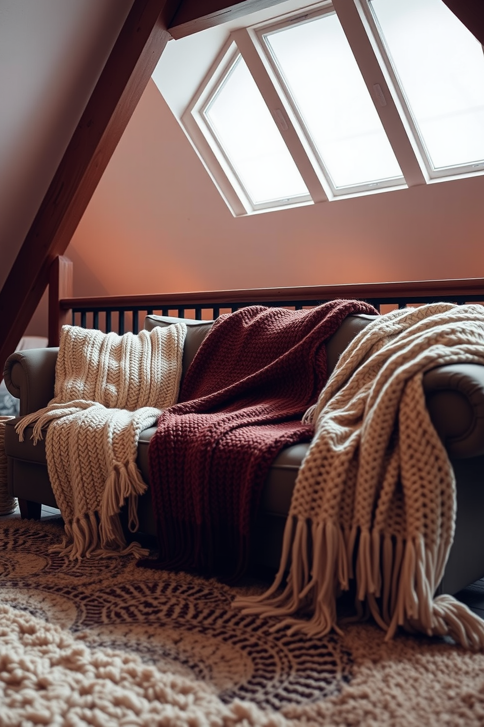 A cozy loft living room featuring a plush sofa adorned with soft, textured throw blankets in warm tones. Large windows allow natural light to flood the space, highlighting the rustic wooden beams and inviting atmosphere.