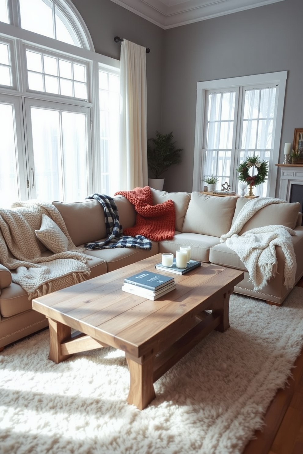 Cozy blankets are artfully draped over a plush sectional sofa, adding warmth and texture to the space. The room features large windows with sheer curtains that allow soft natural light to filter in, enhancing the inviting winter atmosphere. A rustic wooden coffee table sits in the center, adorned with a stack of books and a scented candle. The walls are painted in a soft gray hue, creating a serene backdrop for the layered textiles and seasonal decor.