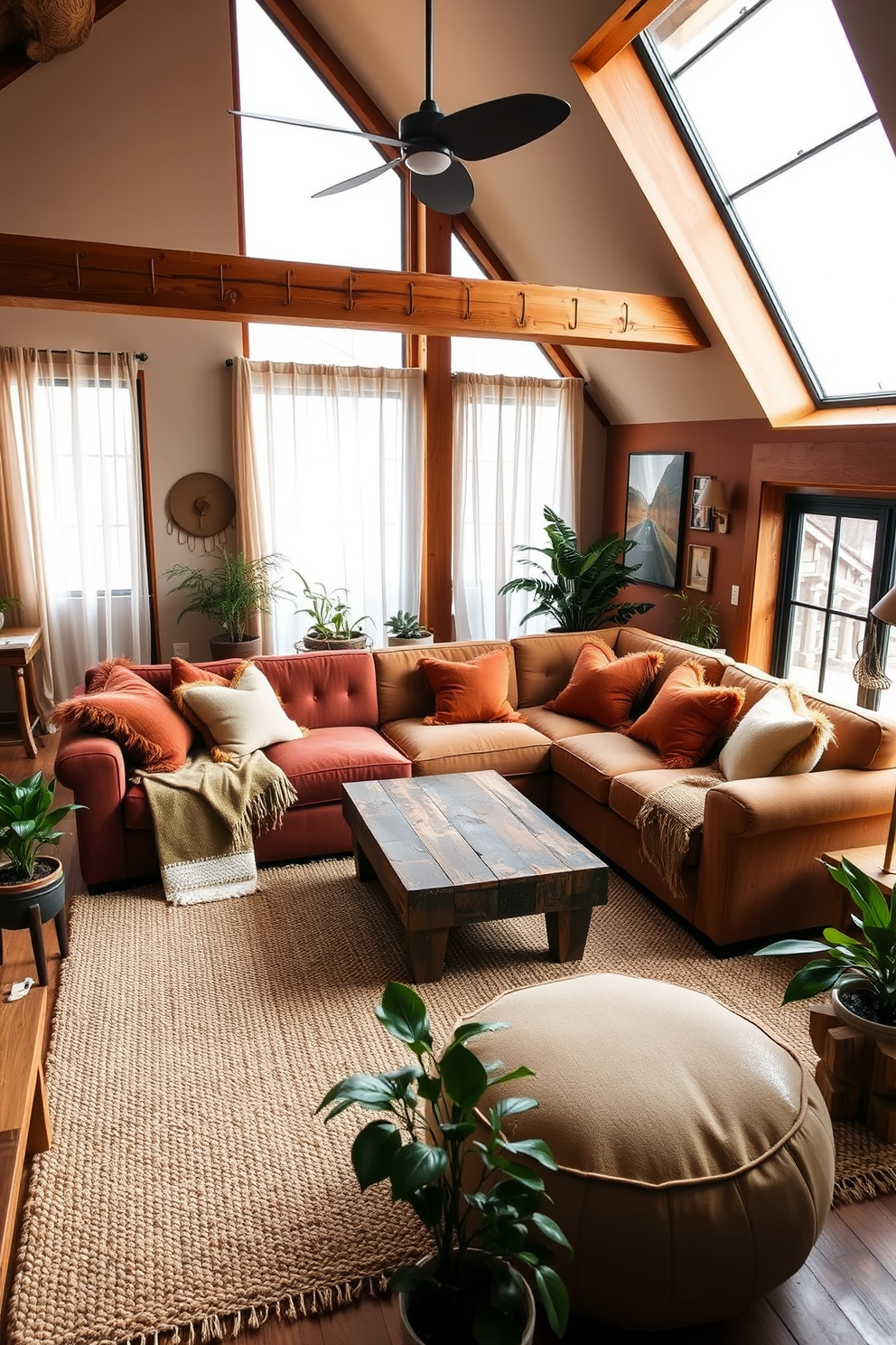 A cozy winter loft filled with warm color tones and earthy accents. The space features a large sectional sofa adorned with plush throw pillows in shades of rust and ochre, complemented by a reclaimed wood coffee table at the center. Large windows let in natural light, showcasing sheer curtains that softly diffuse the sunlight. A textured area rug in neutral tones anchors the seating area, while potted plants add a touch of greenery throughout the space.