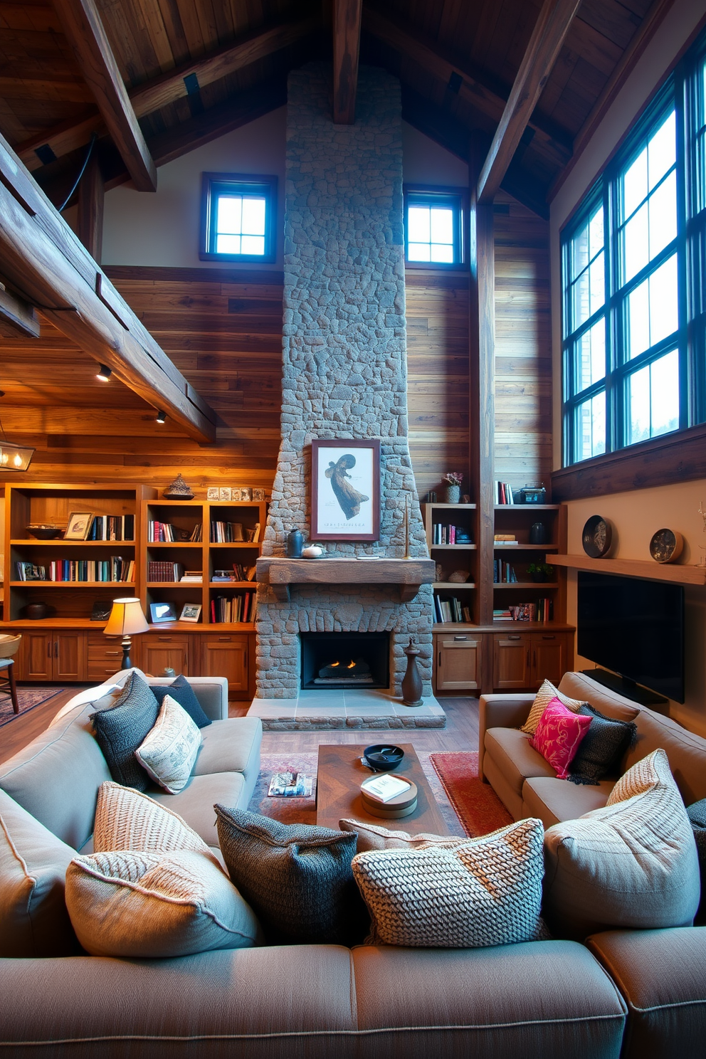 A cozy winter loft featuring rustic wooden accents throughout the space. Exposed beams and reclaimed wood furniture create a warm and inviting atmosphere. The living area includes a large, plush sectional sofa adorned with textured throw pillows. A stone fireplace serves as the focal point, surrounded by wooden shelves filled with books and decorative items.