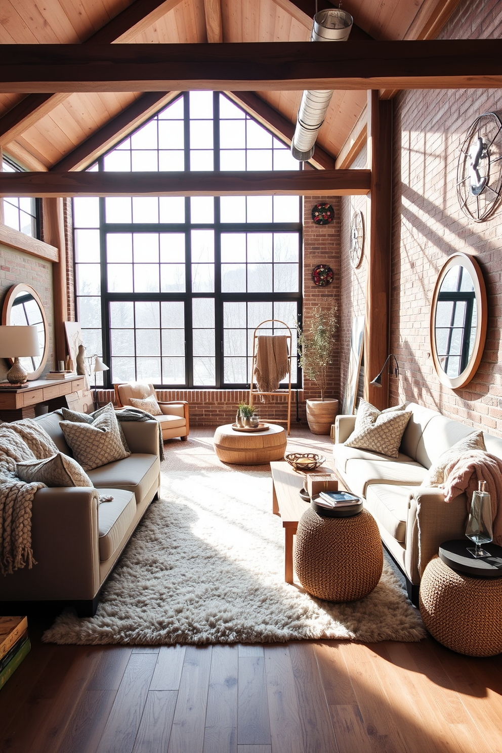 A cozy winter loft filled with natural wood elements that create a warm and inviting atmosphere. Exposed wooden beams stretch across the ceiling, while a large wooden dining table sits at the center, surrounded by plush chairs and soft textiles. The walls are adorned with rustic wood paneling, complementing the soft, neutral color palette throughout the space. A stylish fireplace made of natural stone adds to the warmth, while carefully placed greenery brings a touch of nature indoors.