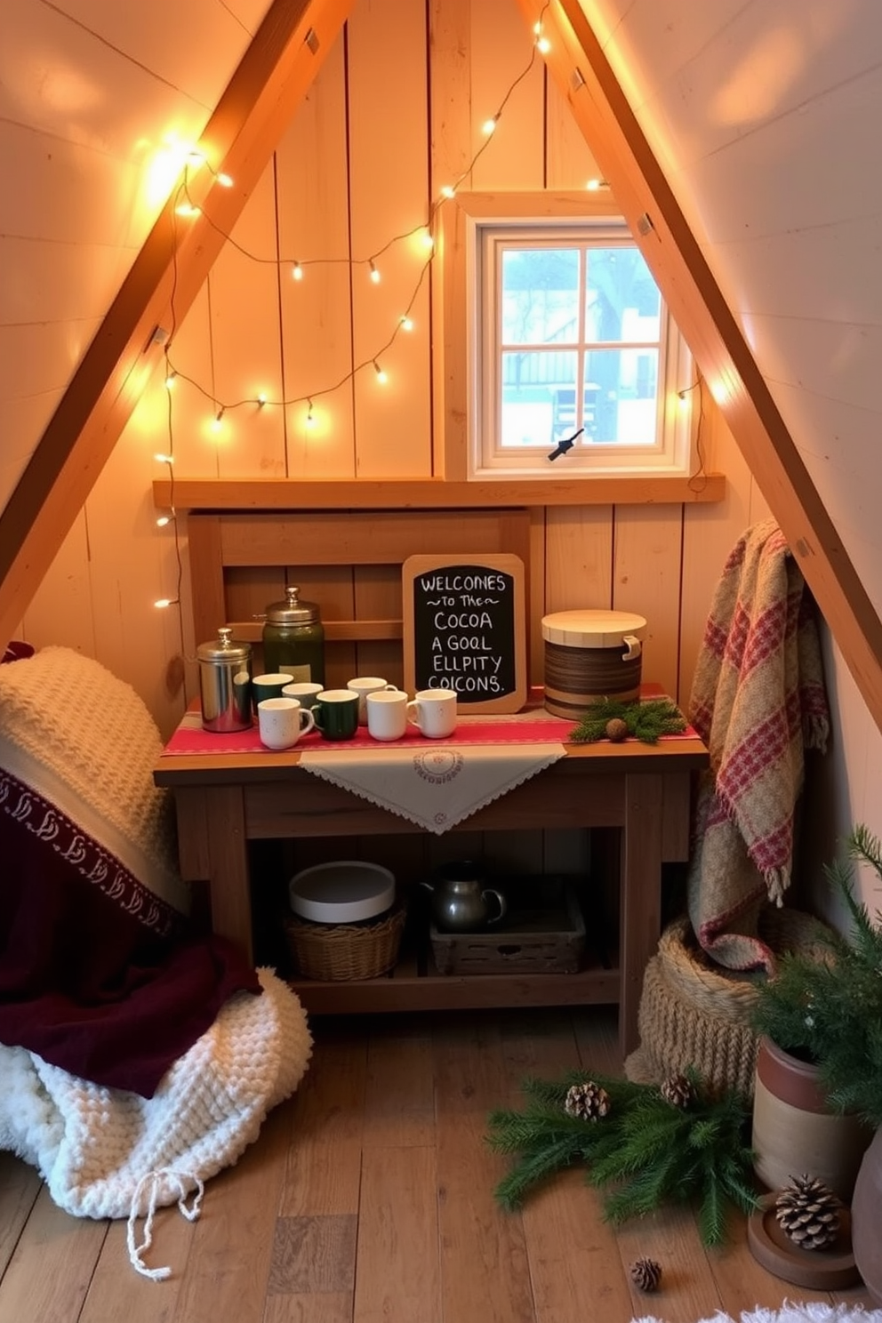 A cozy hot cocoa station nestled in the corner of a winter loft. It features a rustic wooden table adorned with a vintage tablecloth and a collection of colorful mugs. Above the table, a string of warm fairy lights create a soft glow, while a small chalkboard sign invites guests to enjoy a cup. Surrounding the station are plush throws and seasonal decorations, including pinecones and evergreen branches.