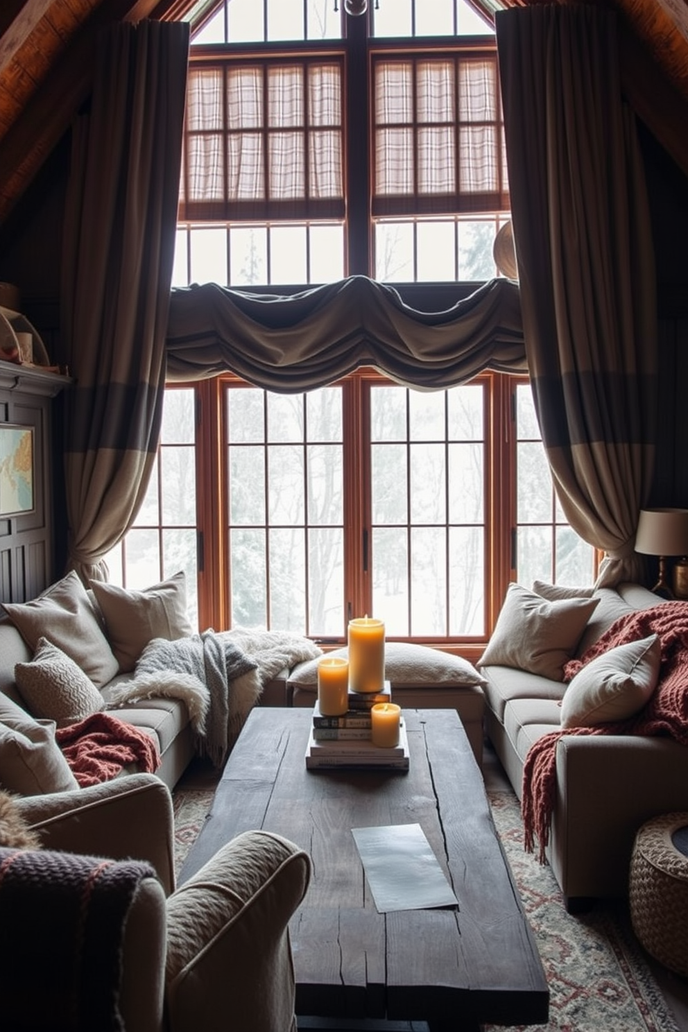 A cozy winter loft filled with warmth and charm. The windows are adorned with layered curtains in rich, textured fabrics that provide both insulation and style. Soft throws and plush cushions are scattered across a large, inviting sofa. A rustic wooden coffee table sits in the center, topped with candles and a stack of seasonal books.