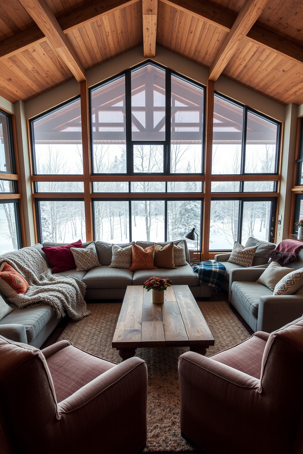 A cozy winter loft setting featuring oversized furniture that invites relaxation. The plush sectional sofa is adorned with soft, textured blankets and large, colorful pillows. A rustic coffee table made from reclaimed wood sits in the center, surrounded by oversized armchairs. Large windows allow natural light to flood the space, showcasing a stunning view of snow-covered trees outside.