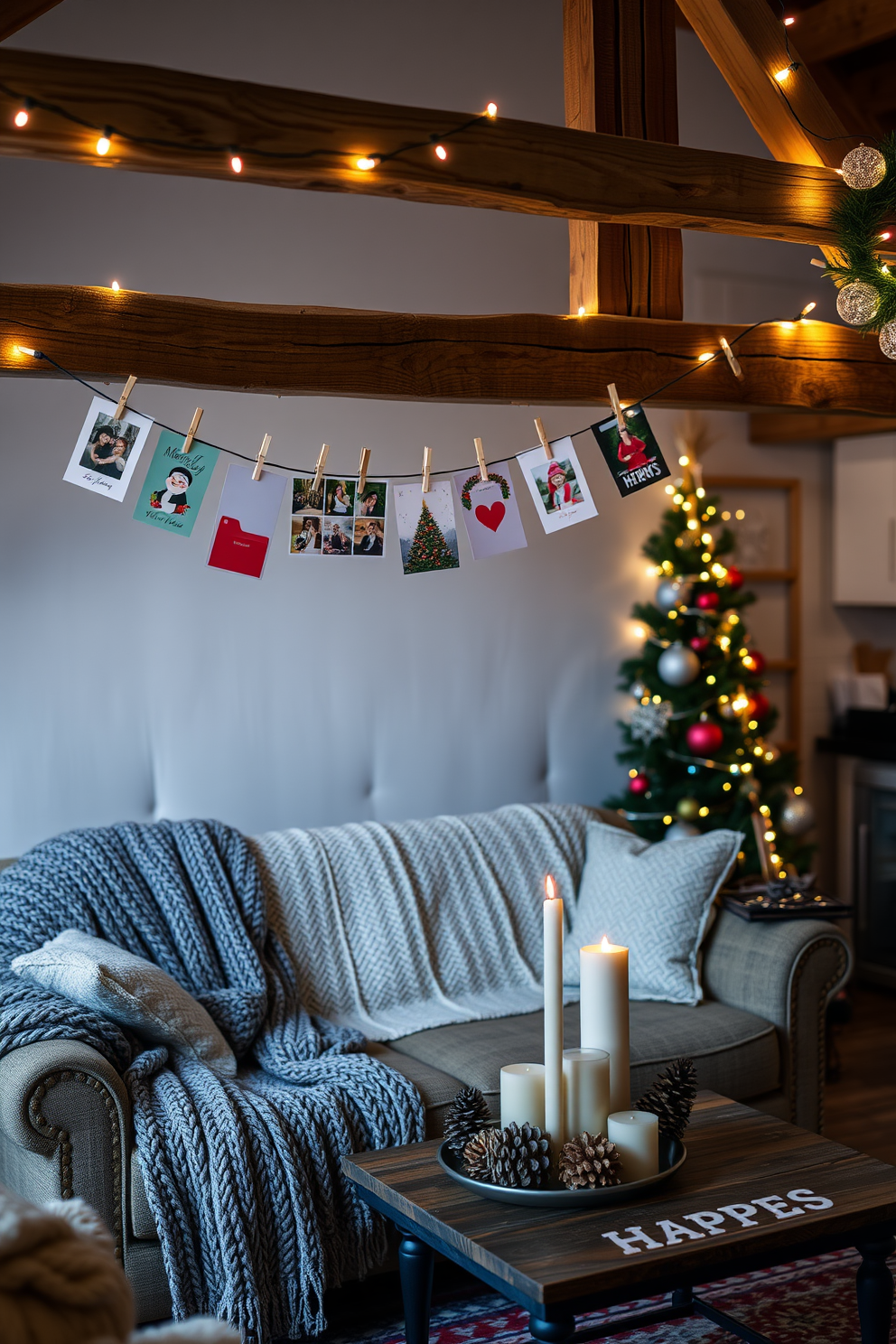 A cozy winter loft setting adorned with a string of holiday cards. The cards are clipped to a rustic wooden beam, surrounded by soft fairy lights that create a warm glow. In the background, a plush sofa covered with a chunky knit throw invites relaxation. A small coffee table holds a festive centerpiece of pinecones and candles, enhancing the seasonal charm.