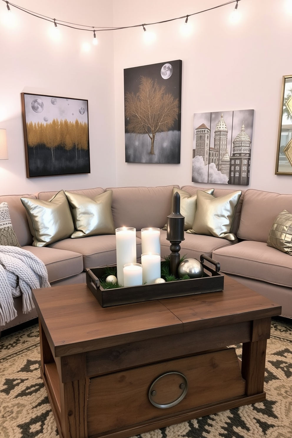 A cozy winter loft setting embraces warmth and style. The space features a plush sectional sofa adorned with metallic throw pillows and a soft knitted blanket draped over the arm. In the center, a rustic wooden coffee table is topped with a shimmering metallic tray holding candles and seasonal decor. The walls are decorated with art pieces that incorporate metallic accents, reflecting the glow of twinkling string lights overhead.