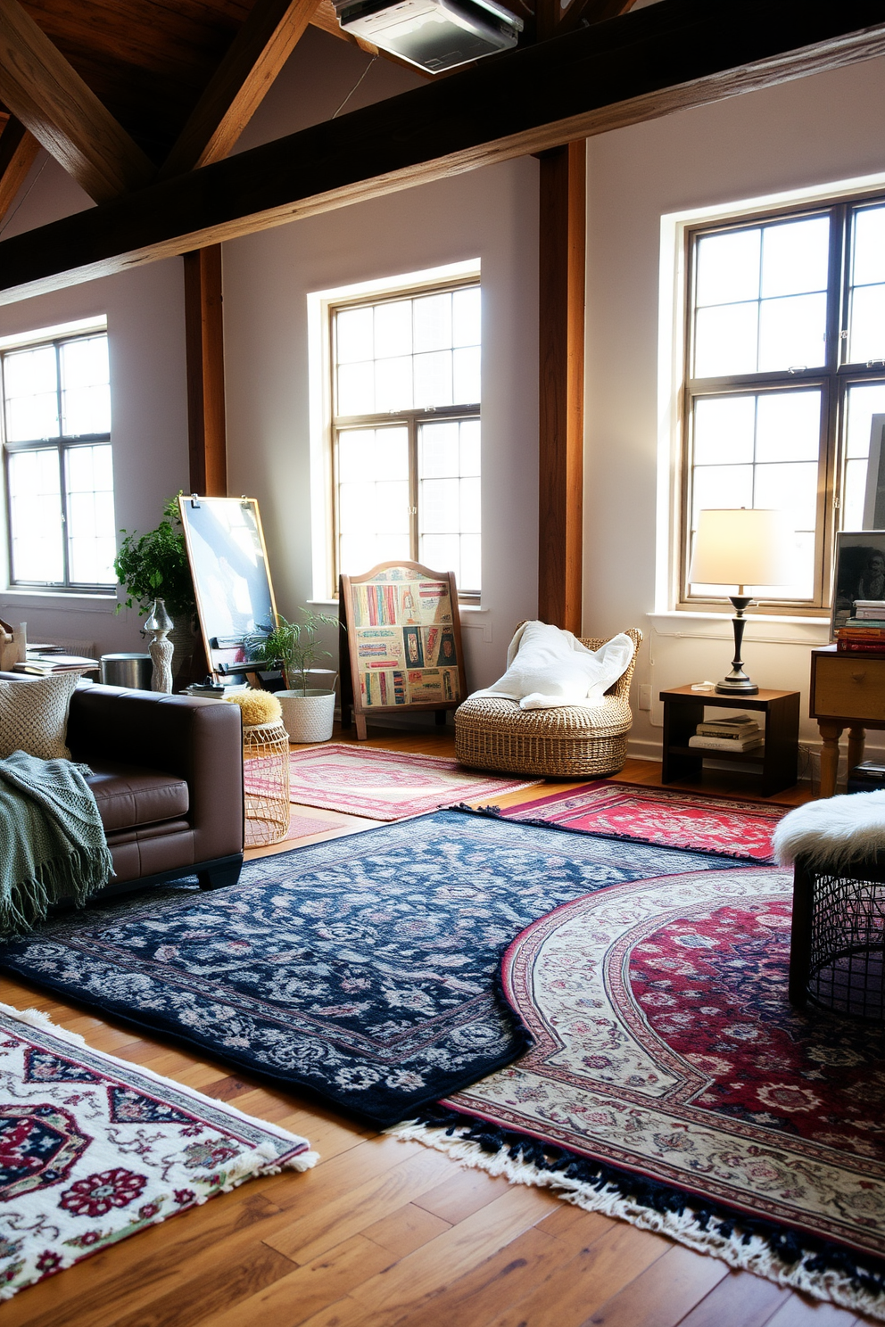 A cozy winter loft setting featuring layered rugs that add warmth and texture to the space. The rugs are in varying patterns and colors, creating a visually appealing contrast against the hardwood floor.