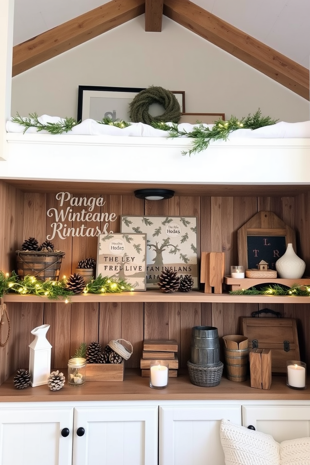 A cozy winter loft decorated with open shelving showcasing seasonal decor. The shelves are adorned with pinecones, twinkling fairy lights, and rustic wooden accents that evoke a warm, inviting atmosphere.