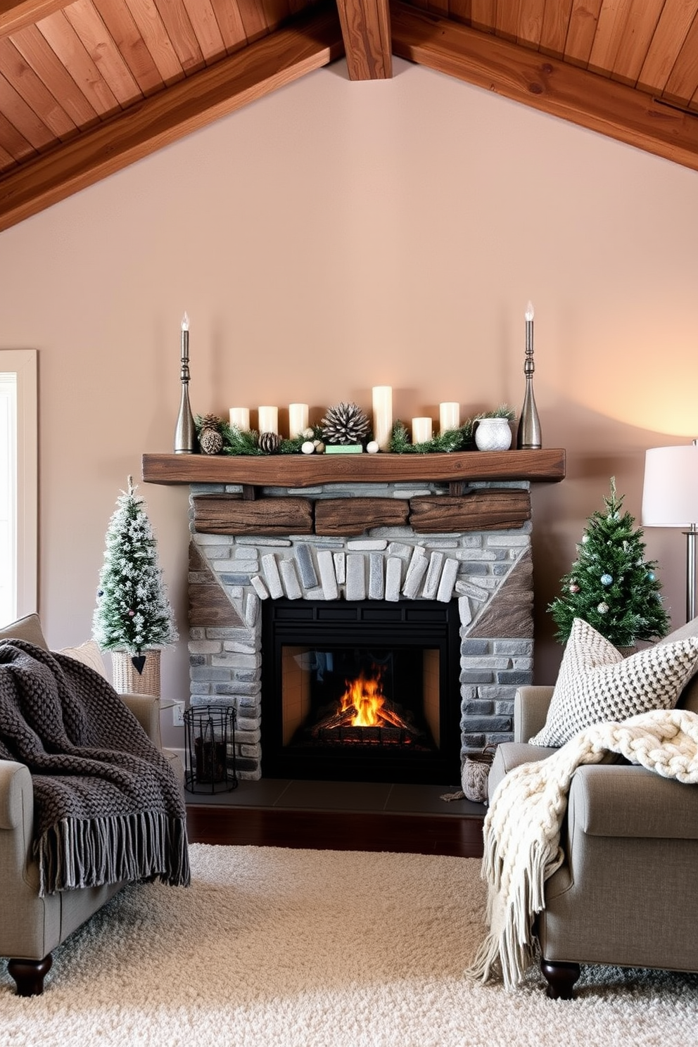 A cozy winter loft setting featuring decorative trays that add organization and style to surfaces. The trays are made of natural wood and are adorned with seasonal accents like pinecones and small candles, creating a warm and inviting atmosphere.