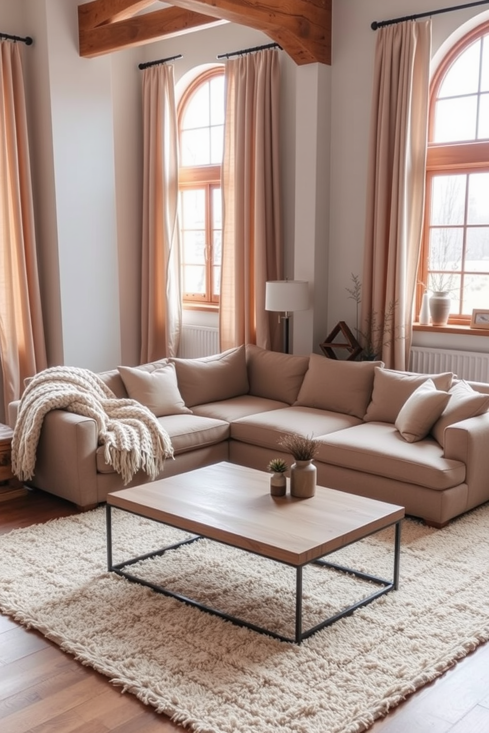 A cozy winter loft featuring soft textiles for window treatments that gently filter the light. The space includes plush curtains in a warm beige tone, draping elegantly from a rustic wooden rod. The living area is adorned with a large sectional sofa wrapped in a soft, knitted throw blanket. A stylish coffee table sits atop a thick, textured area rug, creating a warm and inviting atmosphere.