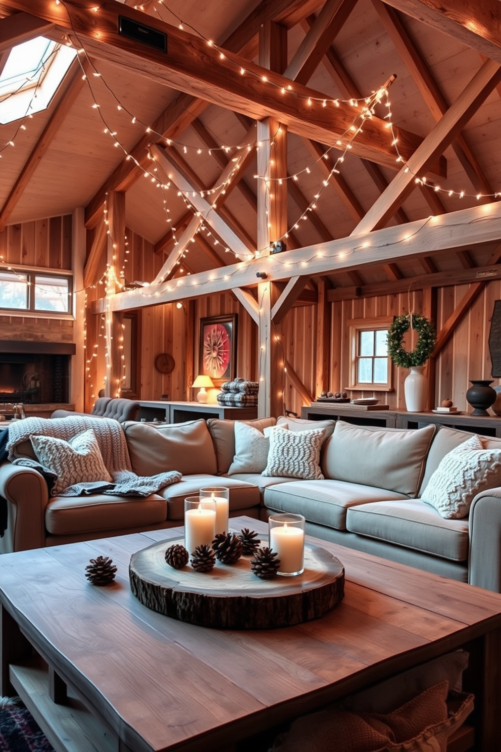 A cozy winter loft setting filled with warmth and charm. Soft fairy lights drape across exposed beams, illuminating the room with a gentle glow. Plush throw blankets are layered on a large sectional sofa, inviting relaxation. A rustic wooden coffee table holds seasonal decorations, including pinecones and candles.