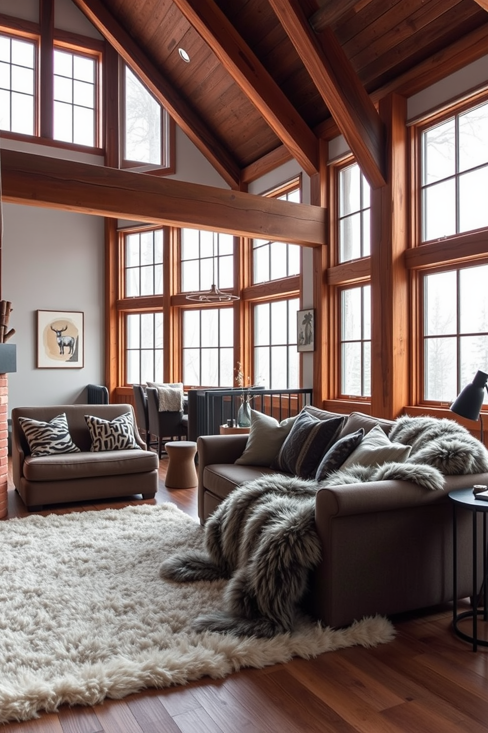 A cozy winter loft featuring plush furnishings and warm textiles. The space is adorned with animal print throw pillows and a soft area rug that adds texture and warmth to the room. Large windows allow natural light to flood in, highlighting the rustic wooden beams and contemporary decor. A stylish faux fur blanket drapes over a comfortable sofa, inviting relaxation during the chilly winter months.