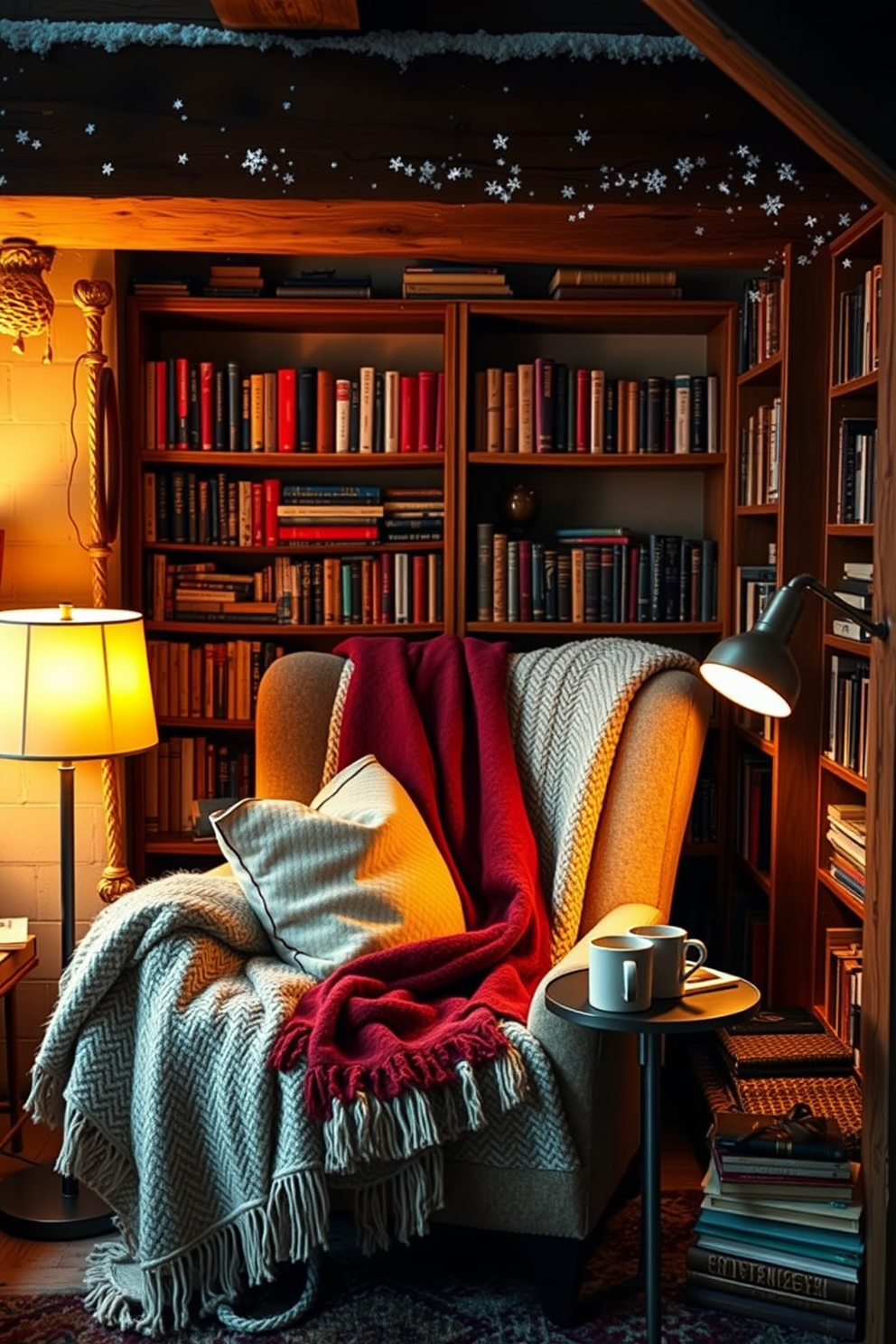 Create a cozy reading nook featuring a plush armchair draped with soft blankets in a winter loft setting. The nook is illuminated by a warm floor lamp, surrounded by shelves filled with books and a small side table holding a steaming cup of tea.