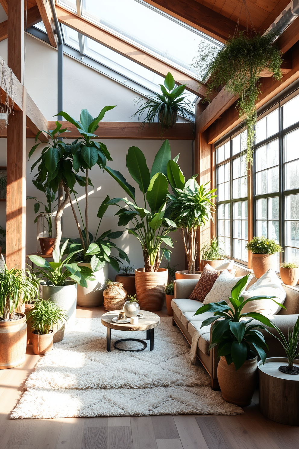 A cozy winter loft setting filled with large potted plants that bring life to the space. The room features a mix of rustic wooden furniture and soft textiles in neutral tones, creating a warm and inviting atmosphere. Sunlight filters through large windows, illuminating the greenery and enhancing the winter vibe. A plush area rug anchors the seating area, while oversized cushions provide comfort and style.