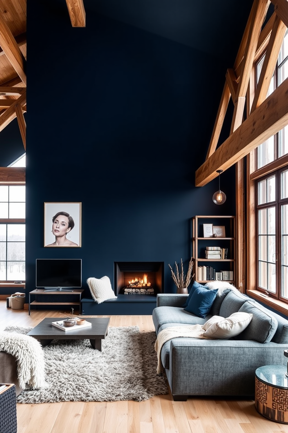 A cozy winter loft with an accent wall painted in a deep navy blue. The space features exposed wooden beams and large windows that allow natural light to flood in, highlighting plush textiles and warm lighting.