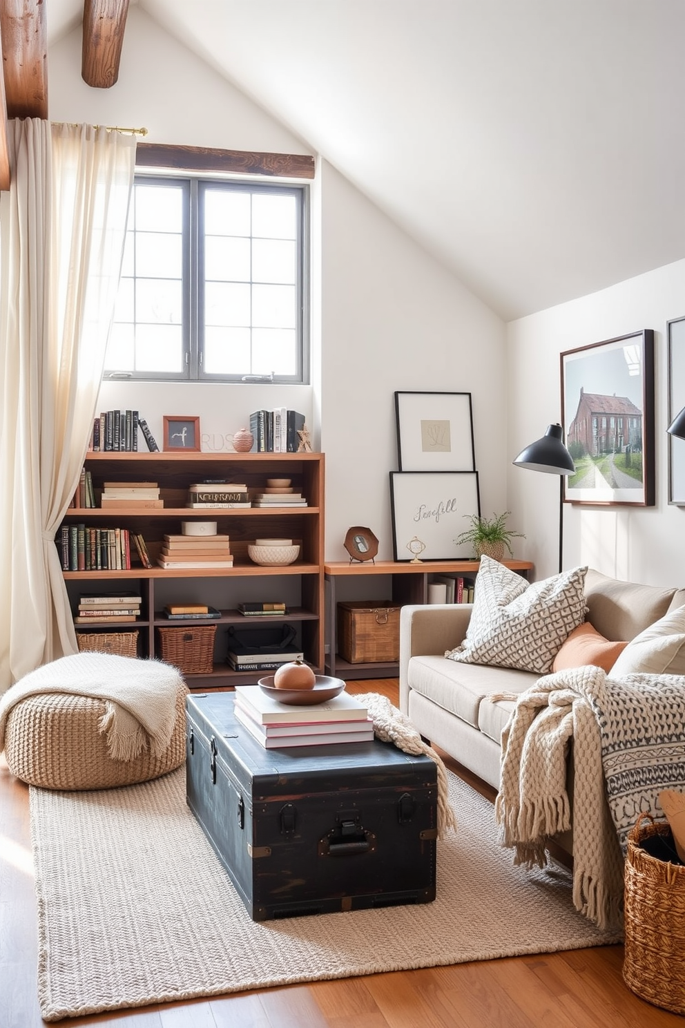 A cozy winter loft space featuring stylish storage solutions that blend seamlessly with the decor. The room showcases open shelving made of reclaimed wood filled with neatly arranged books and decorative boxes, while a vintage trunk serves as both a coffee table and storage for blankets. Soft neutral tones dominate the space, complemented by warm textiles like a chunky knit throw and plush cushions. Large windows draped with sheer curtains allow natural light to flood in, enhancing the inviting atmosphere of the loft.