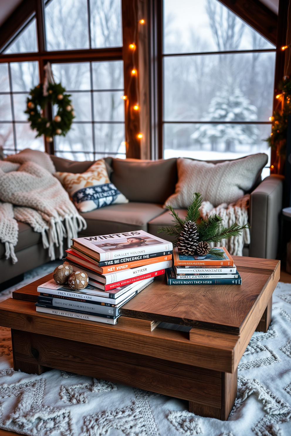 A cozy winter loft setting featuring a rustic wooden coffee table adorned with an assortment of winter-themed books and magazines. The backdrop includes a plush sofa draped with a chunky knit blanket, and a large window showcasing a snowy landscape outside. Warm ambient lighting casts a soft glow over the space, enhancing the inviting atmosphere. Decorative elements like pinecones and evergreen branches are artfully arranged around the books, adding a touch of seasonal charm.