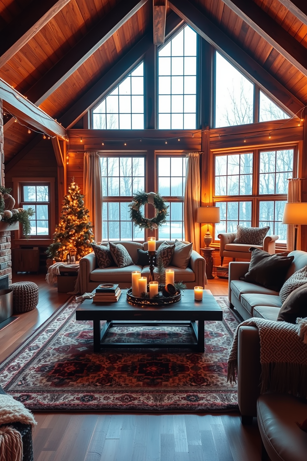 A cozy winter loft filled with warm lighting that creates a soft glow throughout the space. The room features exposed wooden beams and large windows that allow natural light to filter in, complemented by plush furnishings in earthy tones. Decorative elements include a large area rug with a geometric pattern and layered textiles such as knitted throws and velvet cushions. A stylish coffee table sits in the center, adorned with candles and seasonal decor that enhances the inviting atmosphere.