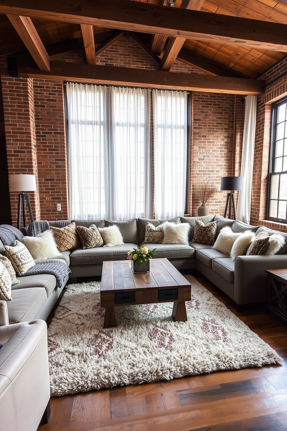 A cozy winter loft featuring a large sectional sofa adorned with a mix of knitted and faux fur throw pillows. The walls are exposed brick, complemented by wooden beams overhead, creating a warm and inviting atmosphere. A rustic coffee table made of reclaimed wood sits in the center, surrounded by a plush area rug with geometric patterns. Large windows draped with sheer white curtains allow natural light to flood the space, highlighting the layered textures throughout.