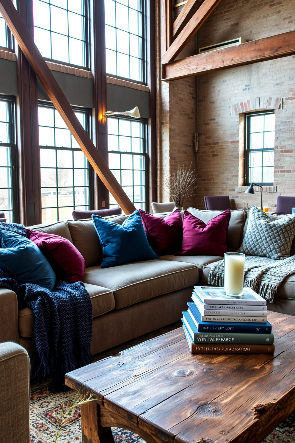 A cozy winter loft living room adorned with decorative pillows in deep blues, rich burgundies, and soft grays. The pillows are arranged on a plush, oversized sectional sofa, complemented by a chunky knit throw draped casually over the armrest. Natural light filters through large windows, illuminating the textured walls and wooden beams of the loft. A rustic coffee table sits at the center, topped with a stack of art books and a scented candle, enhancing the inviting atmosphere.