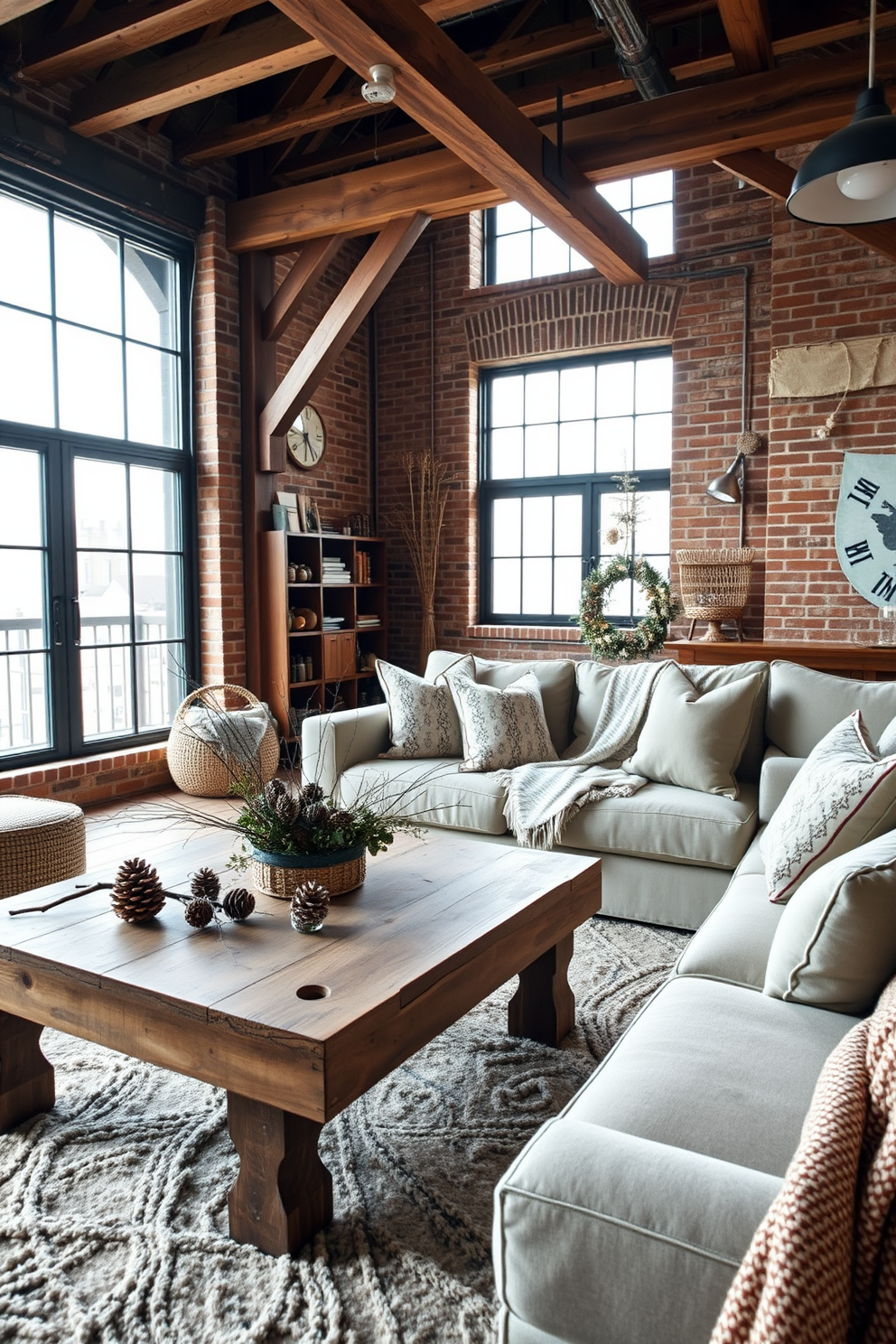 A cozy winter loft setting infused with natural elements. The space features a rustic wooden coffee table adorned with pinecones and branches, creating a warm and inviting atmosphere. Soft, neutral textiles drape over a large sectional sofa, complementing the wooden beams and brick walls. A large window lets in natural light, illuminating the decor and enhancing the winter charm.