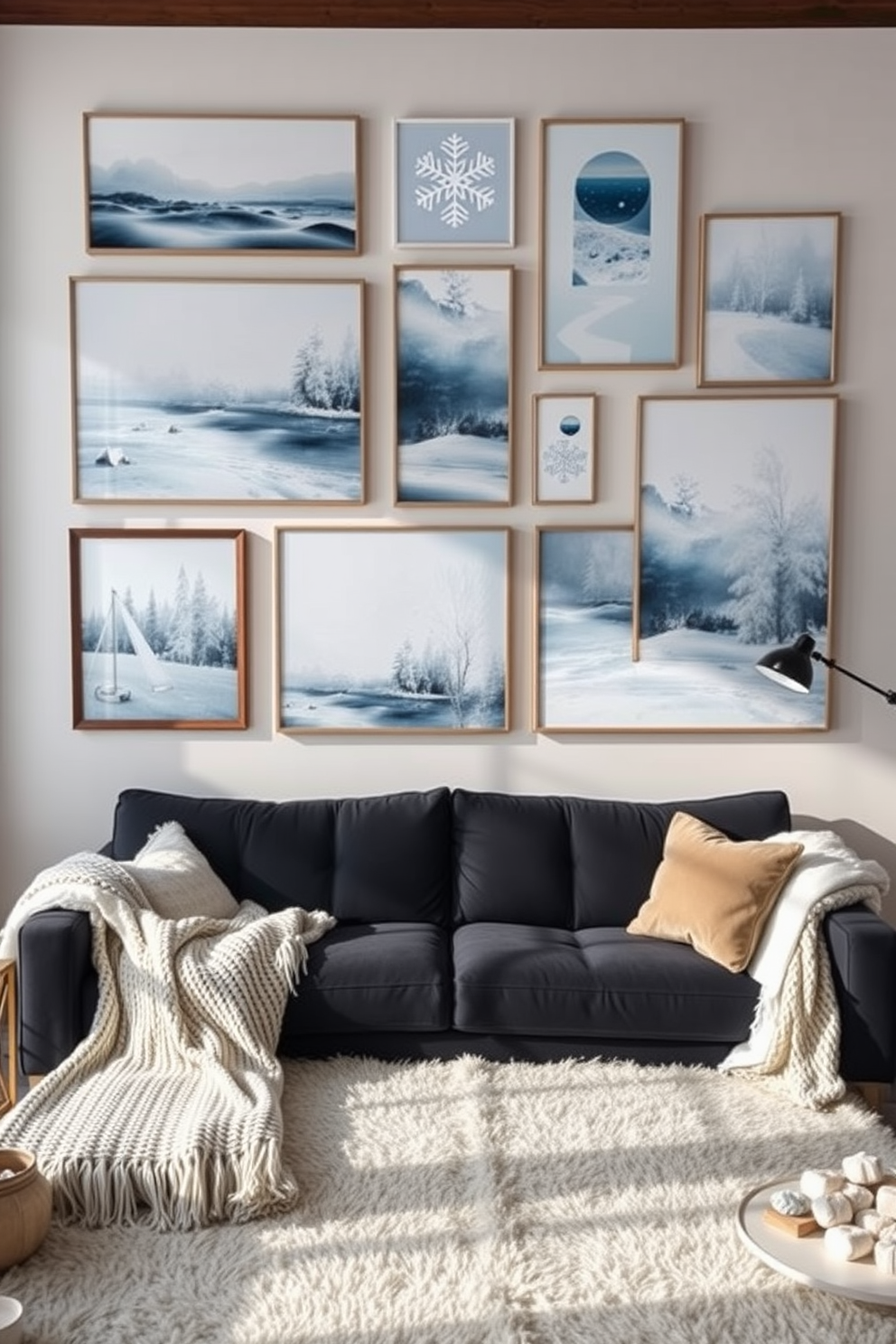 Winter themed wall art displays capturing the essence of a cozy cabin retreat. Soft hues of blue and white dominate the artwork, featuring serene snowy landscapes and delicate snowflakes. The decor includes rustic wooden frames that enhance the natural aesthetic. Plush throw pillows in varying textures add warmth to the space, inviting relaxation and comfort.