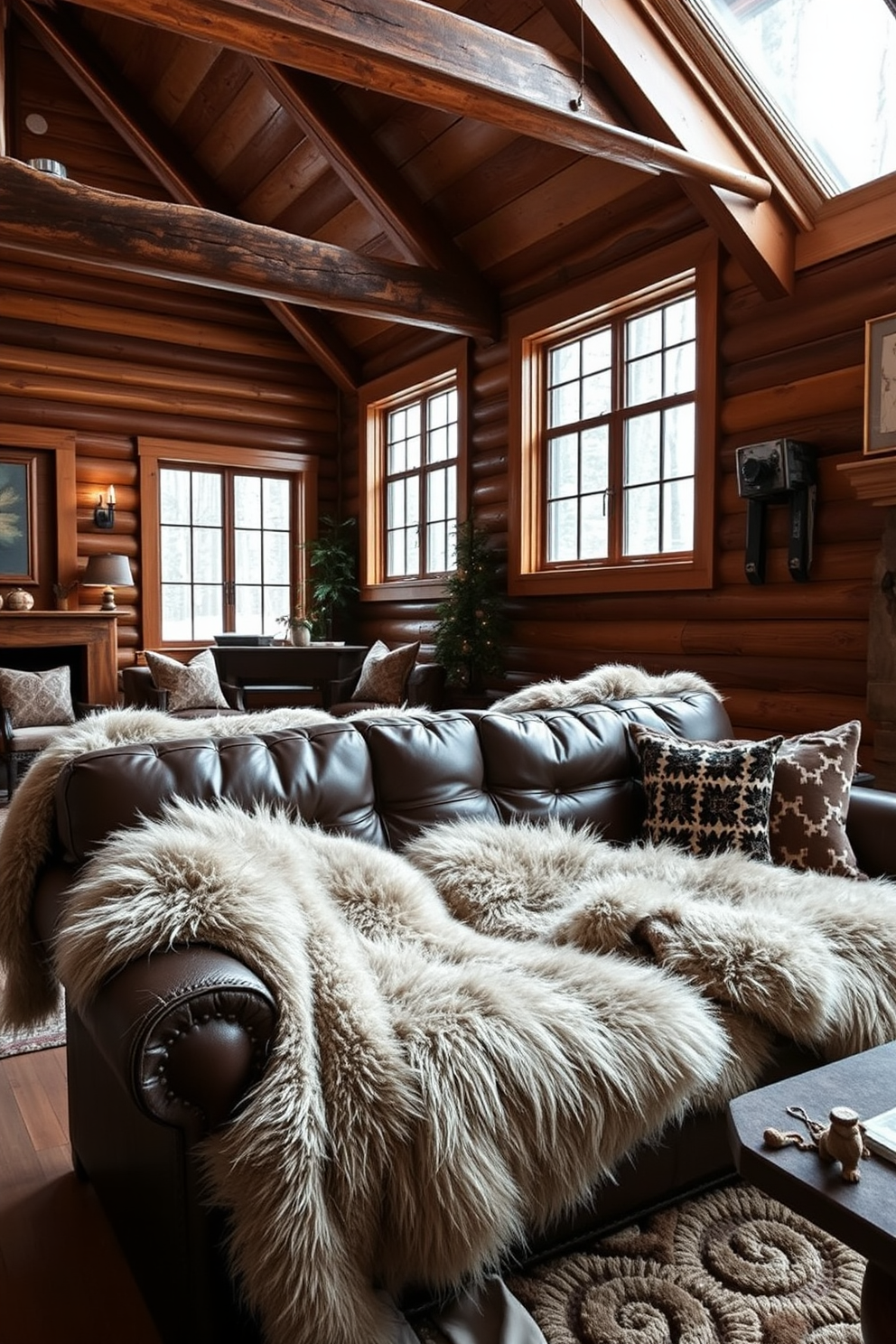 A cozy winter loft filled with faux fur accents on the furniture creates a warm and inviting atmosphere. Plush faux fur throws drape over a sleek leather sofa, while a soft faux fur rug anchors the space, adding texture and comfort. Large windows allow natural light to flood in, highlighting the rustic wooden beams and industrial-style decor. A stylish coffee table adorned with candles and seasonal decor completes the inviting winter retreat.