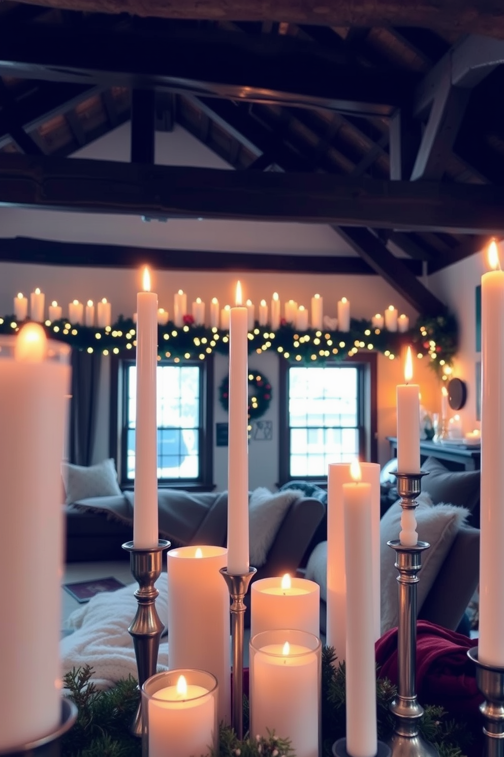 A cozy winter loft setting adorned with candles of varied heights and sizes. The warm glow from the candles creates an inviting atmosphere, complementing the rustic wooden beams and soft textiles throughout the space.