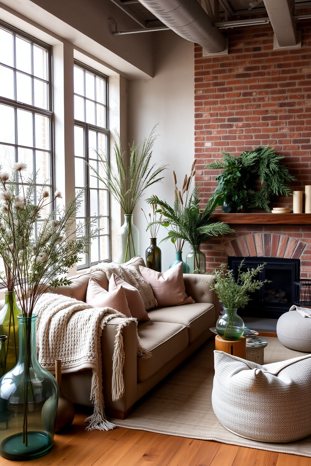 A cozy loft space adorned with seasonal greenery in stylish vases. The room features large windows allowing natural light to flood in, highlighting the rich textures of the furnishings. A plush sofa is positioned near a fireplace, surrounded by various vases filled with winter foliage. Soft throw blankets and decorative pillows in muted tones create a warm and inviting atmosphere.