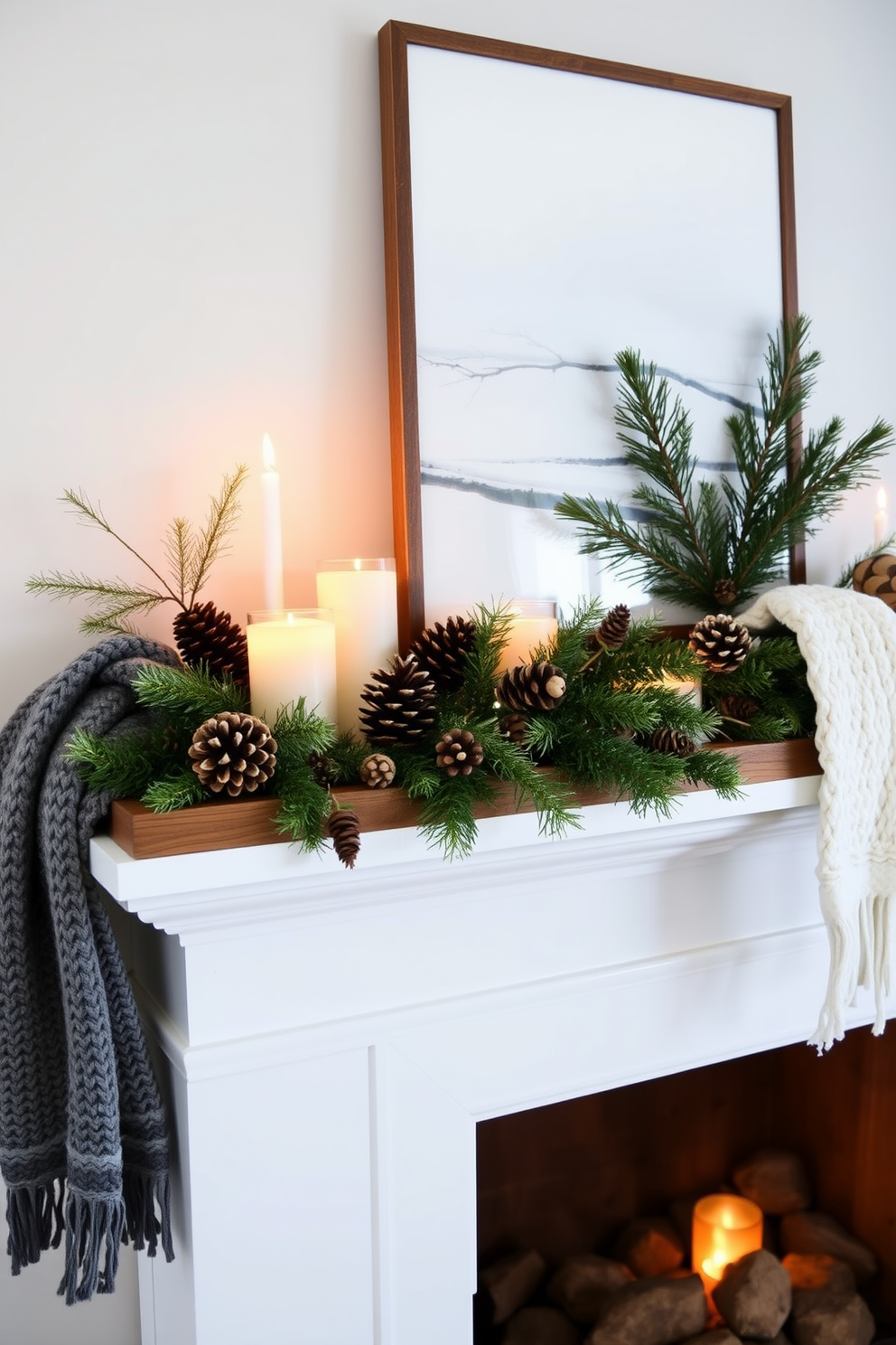 Cozy white candles in varied heights are arranged on a rustic wooden mantel, creating a warm and inviting atmosphere. The flickering flames cast a soft glow, enhancing the charm of the winter decor surrounding them. Evergreen garlands drape elegantly across the mantel, interspersed with pine cones and twinkling fairy lights. A few seasonal ornaments in muted tones add a touch of elegance, completing the perfect winter mantel display.