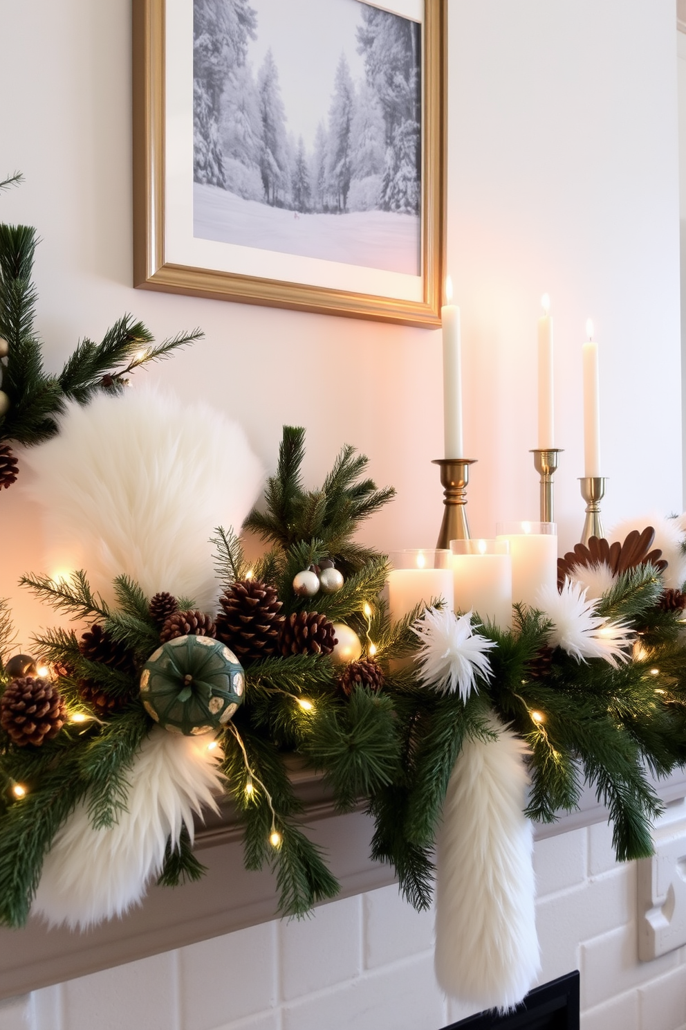 A cozy winter mantel adorned with fluffy faux fur accents creates a warm and inviting atmosphere. The mantel features a mix of natural elements like pinecones and evergreen branches, complemented by soft white and cream faux fur throws draped elegantly over the edge. Twinkling fairy lights are intertwined among the decorations, casting a gentle glow across the mantel. A collection of rustic candles in varying heights adds depth, while a beautifully framed winter-themed artwork hangs above, tying the whole look together.