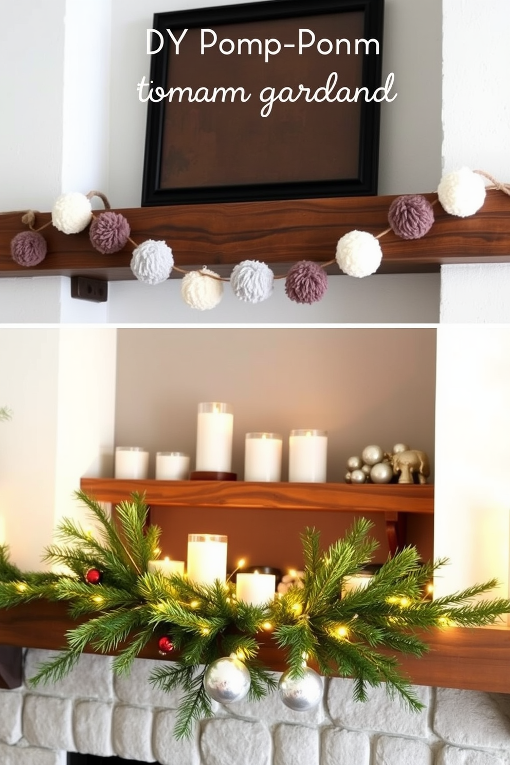 A cozy living room adorned with a DIY pom-pom garland that adds a playful touch to the space. The garland hangs above a rustic mantel, complementing the warm tones of the wooden shelves and the soft glow of candles. A beautifully styled winter mantel featuring a mix of natural elements and festive decor. Evergreen branches are artfully arranged alongside twinkling fairy lights and decorative ornaments, creating a warm and inviting atmosphere.