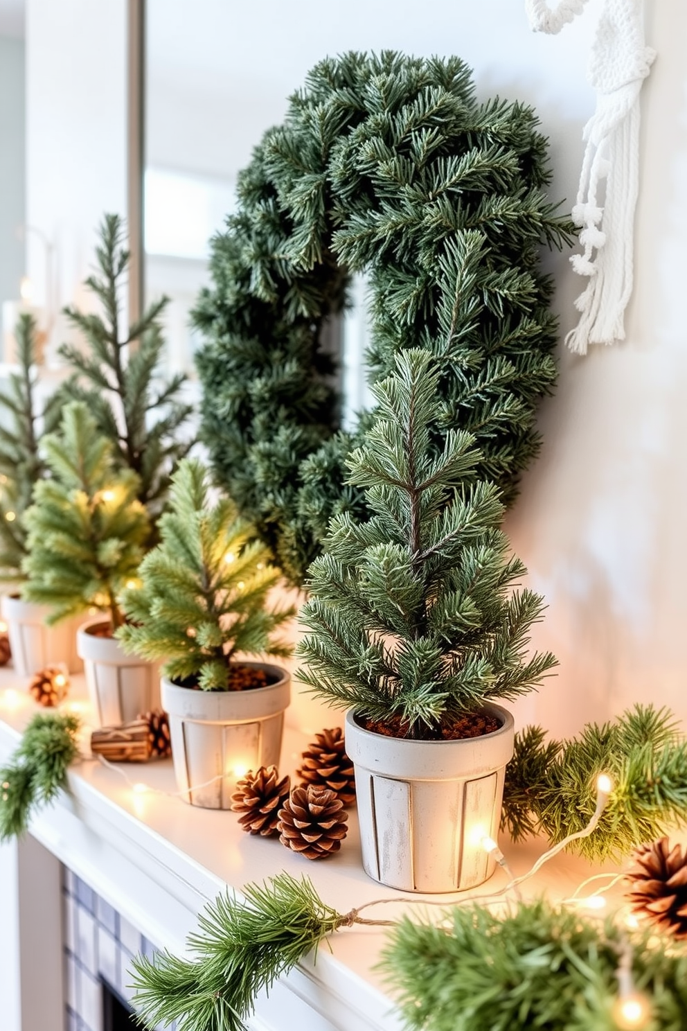 A cozy winter mantel adorned with miniature evergreen trees in rustic pots. The trees are nestled among pinecones and twinkling fairy lights, creating a warm and inviting atmosphere.