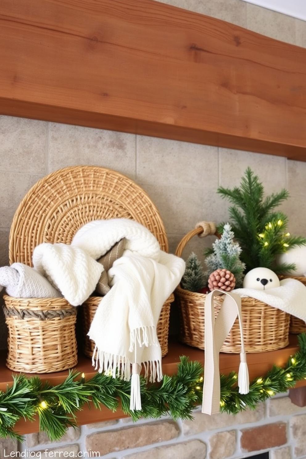 A cozy winter mantel adorned with layered textures creates a warm and inviting atmosphere. Woven baskets of various sizes are placed on the mantel, filled with soft blankets and seasonal decor. The backdrop features a rustic wooden beam that enhances the natural aesthetic. Accents of greenery and twinkling fairy lights add a festive touch to the winter decor.