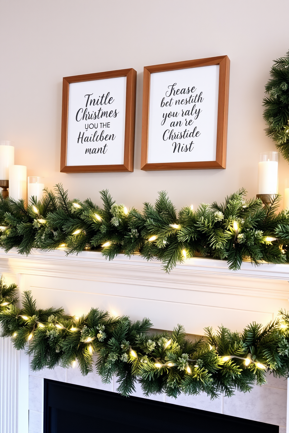 A cozy winter mantel adorned with seasonal quotes framed in simple wooden frames. The mantel is decorated with evergreen garlands, soft white fairy lights, and a few candles in varying heights for a warm glow.